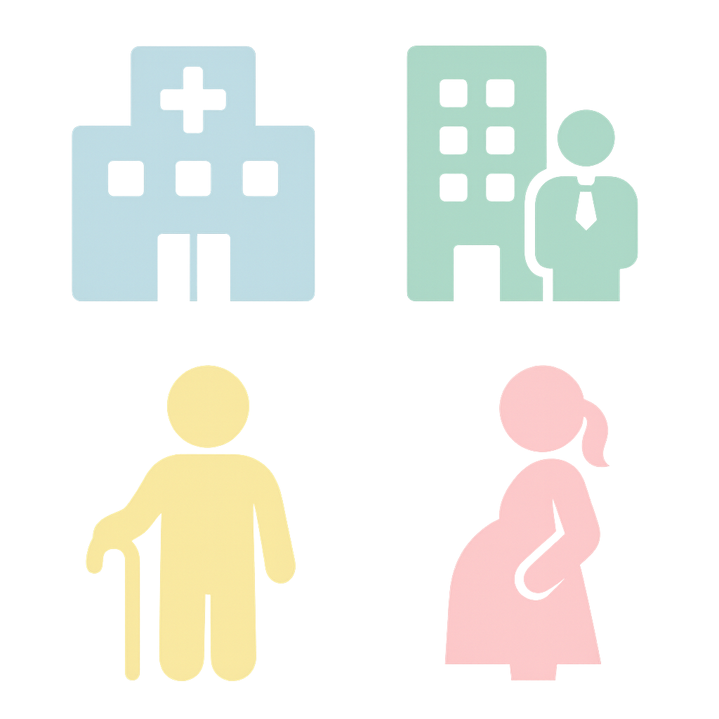 病院と会社、高齢者と妊婦